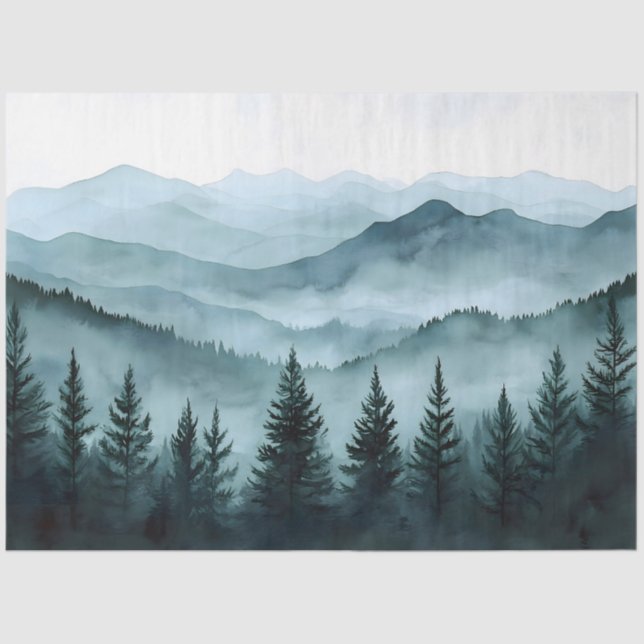 Misty Mountain Range Wasserfarbe Decoupage Seidenpapier (Vorderseite)