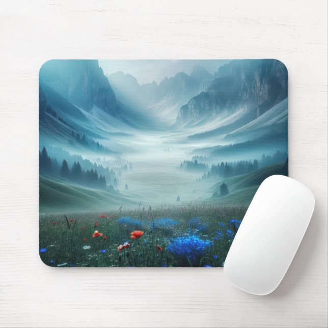 Misty Mountain Valley mit Wildblumen Mousepad (Mit Mouse)