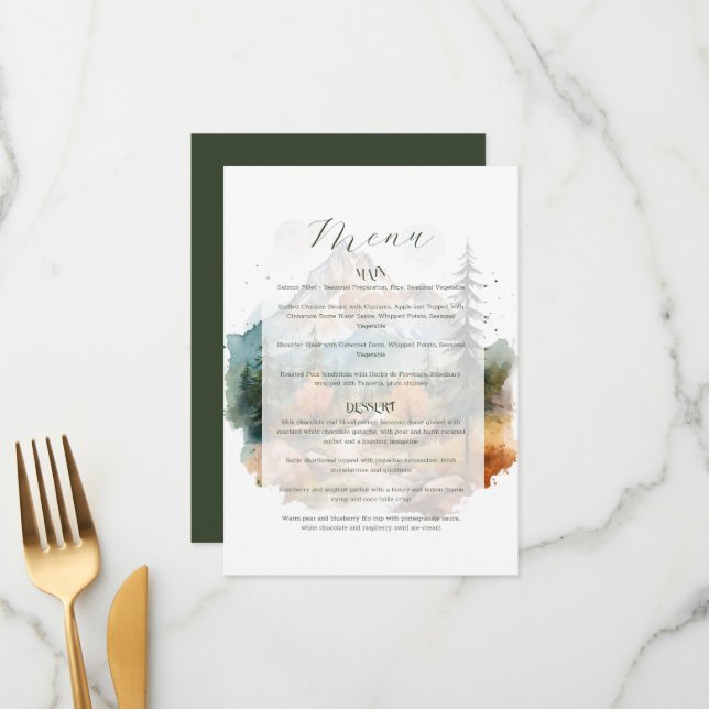 Misty Mountain Wedding Menükarte (Vorderseite/Rückseite Beispiel)