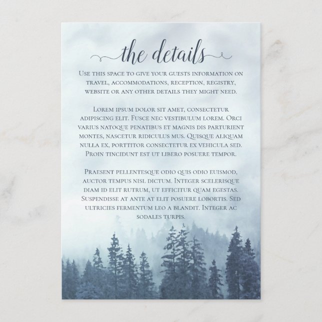 Misty Mountains Blue Pine Forest Wedding Details Begleitkarte (Vorderseite)