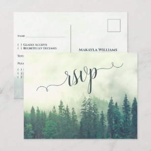 Misty Mountains Green Pine Forest Wedding RSVP Postkarte