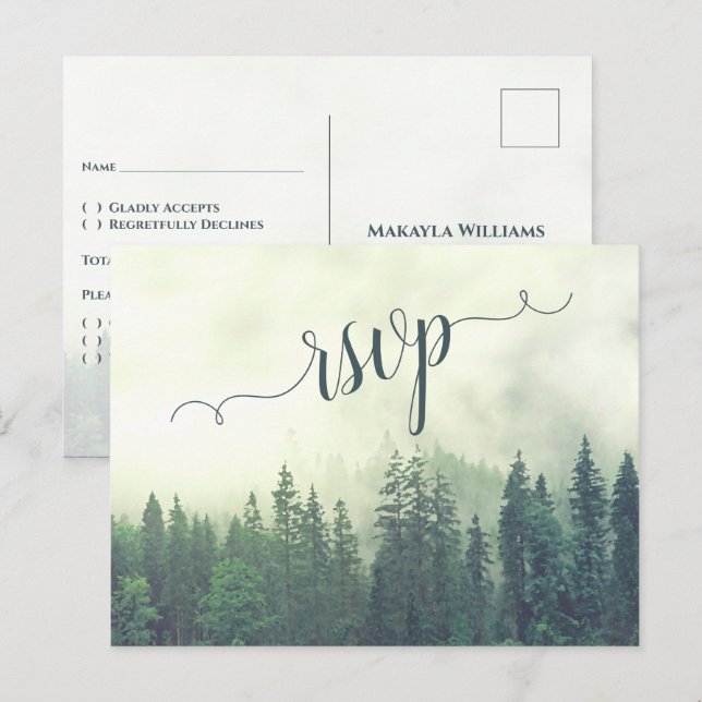 Misty Mountains Green Pine Forest Wedding RSVP Postkarte (Vorne/Hinten)
