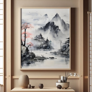 Misty Mountains Ink Painting Fotodruck