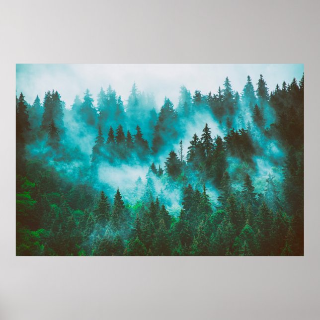 Misty nebelige Berglandschaft mit Tannenwald und Poster (Vorne)