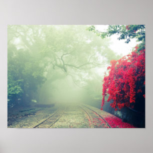 Misty Railroad Tracks Landschaftliches Foto Poster