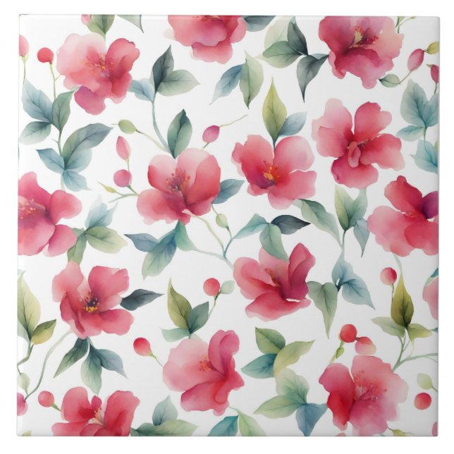 Misty Red Floral Pattern Fliese (Vorderseite)