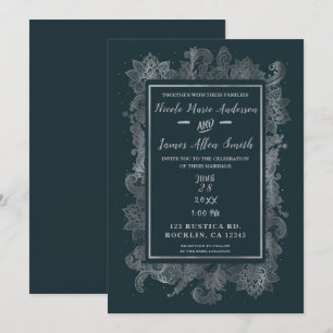 Misty Rustic Blue & Silver Elegante Blumenhochzeit Einladung