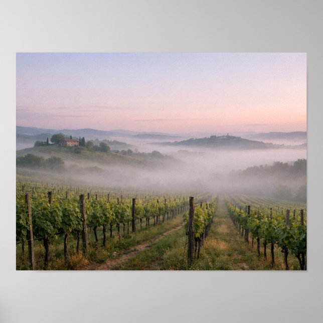 Misty Tuscany Vineyard Sunrise Landscape Poster (Vorne)