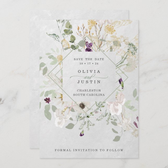Misty Wildblumen | Delicate Geometric Grau Back Save The Date (Vorne/Hinten)