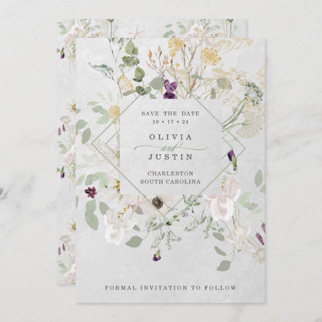 Misty Wildblumen | Delicate Gray Geometric Save The Date (Vorne/Hinten)