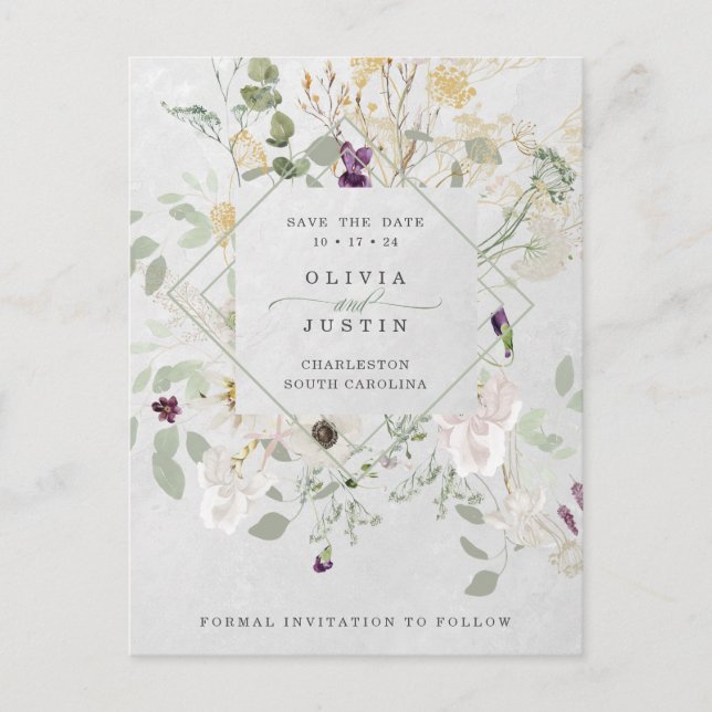 Misty Wildblumen | Gray Geometric Save the Date Ankündigungspostkarte (Vorderseite)