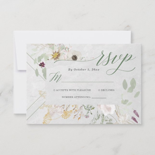Misty Wildblumen | Soft Gray Geometric Wedding RS RSVP Karte (Vorderseite)