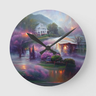 Misty Wisteria House Runde Wanduhr
