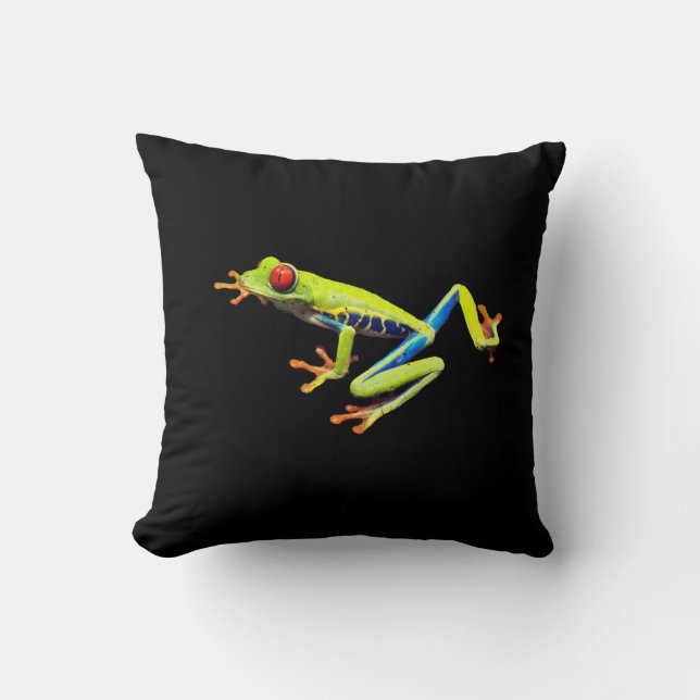 Mit Augen gestrichener, roter Baumfrosch, schwarz Kissen (Vorderseite)
