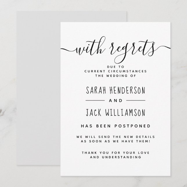 "Mit Bedauern" B&W verzögerte Hochzeitsankündigung Einladung (Vorne/Hinten)