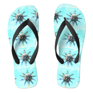 mit blauen Augen Sonnegesicht auf hellblauem Flip Flops
