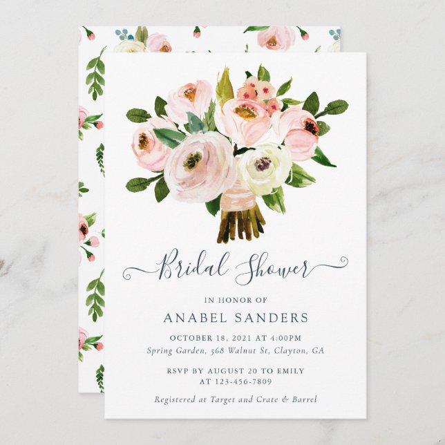 Mit Blumen erröten Einladung (Vorne/Hinten)