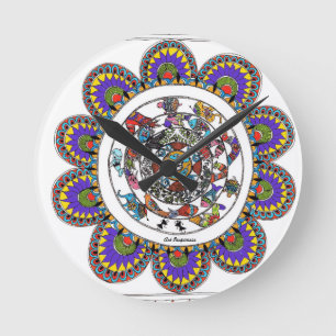 Mit Blumenmandal in Madhubani Art Runde Wanduhr