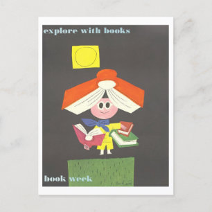 "Mit Büchern erkunden" Vintage-Bibliotheksplakat Postkarte