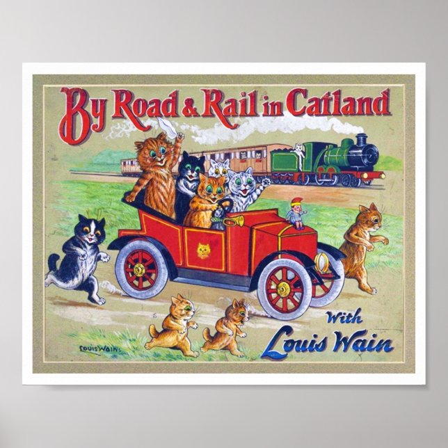 Mit dem Auto & Rail in Catland, Louis Wain Poster (Vorne)
