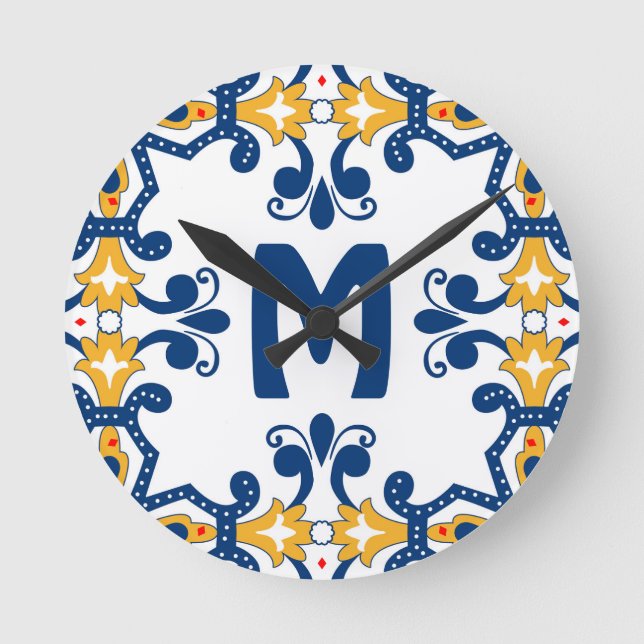 Mit dem ersten 💛 💙 blauen und gelben Azulejos Runde Wanduhr (Vorderseite)