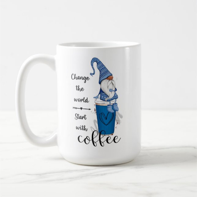 Mit dem Kaffee Blue Gnome den Weltstart verändern Kaffeetasse (Links)