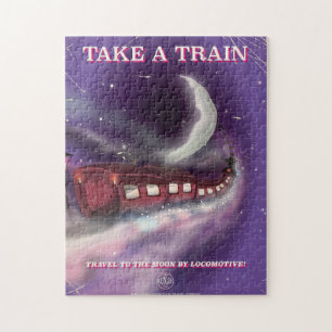 Mit dem Zug zum Mondplakat Cartoon Puzzle
