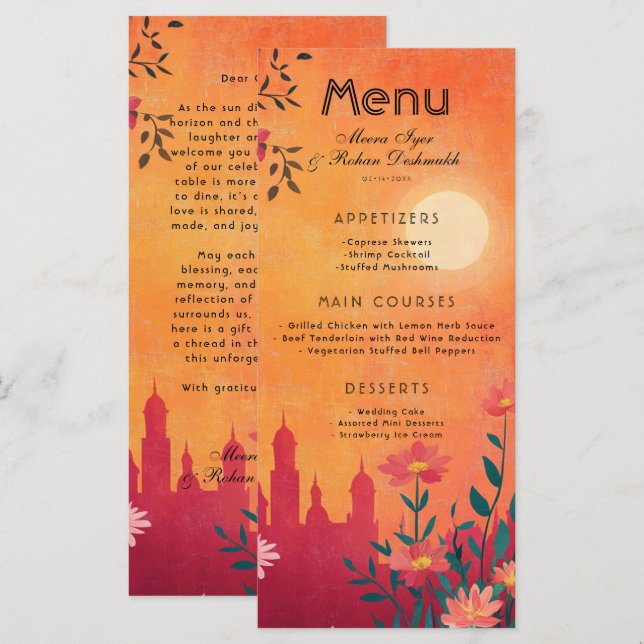 Mit der schönen Textkarte Sunset Serenade Menükarte (Vorne/Hinten)