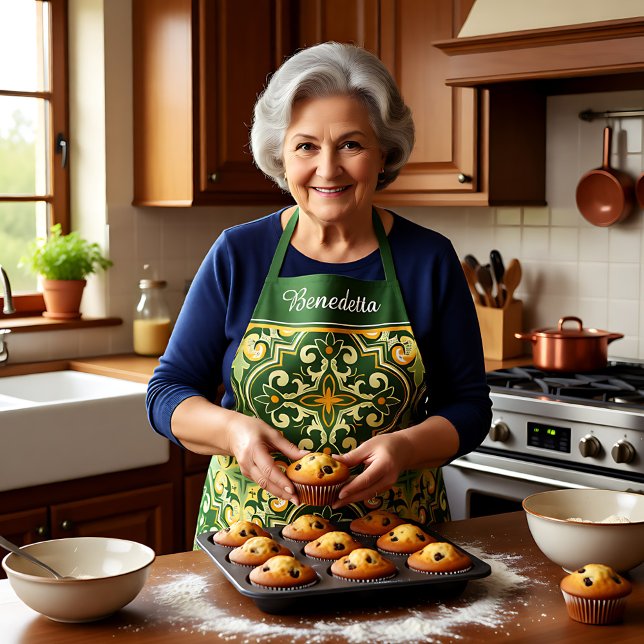 Mit eigenem Namen 💚 Oliven und Gelb Azulejos Schürze (With own name💚💛 olive and yellow Azulejos Apron)