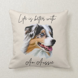 Mit einem blauen Merle Aussie Kissen ist das Leben
