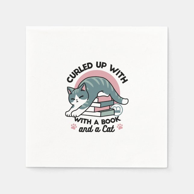 Mit einem Buch und einer Katze aufgerollt - Gemütl Serviette (Vorderseite)