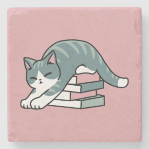 Mit einem Buch und einer Katze aufgerollt - Gemütl Steinuntersetzer