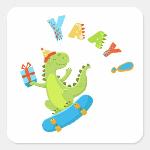 Mit einem Dino-Mite Party in den Spaß schwingen! Quadratischer Aufkleber