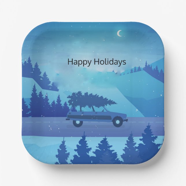 Mit einem Weihnachtsbaum die Straße hinunter fahre Pappteller (Vorderseite)