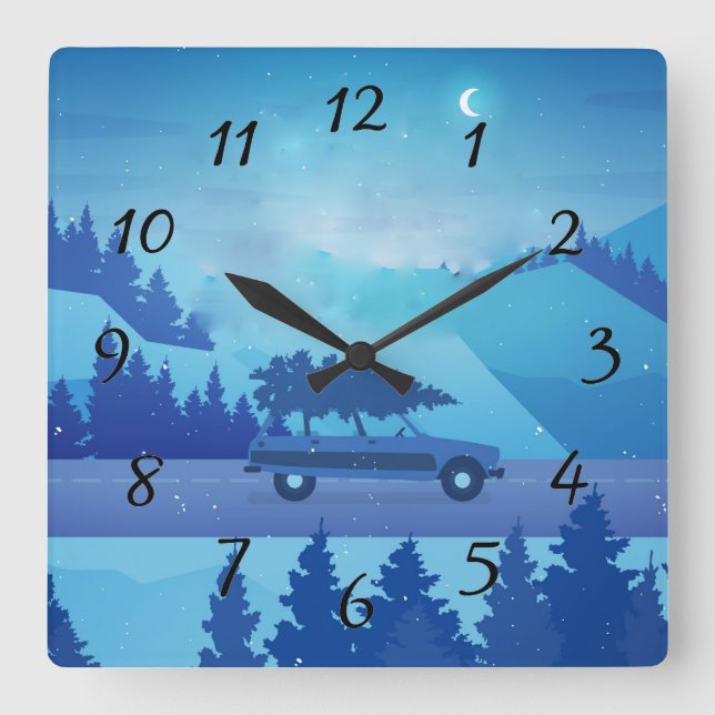 Mit einem Weihnachtsbaum die Straße hinunter fahre Quadratische Wanduhr