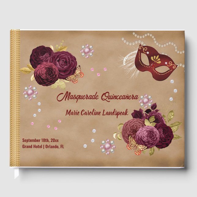 Mit Foto Englisch Rote Rosen & Perlen Quinceañera Gästebuch (Vorderseite)