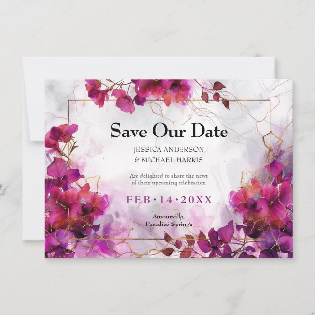 Mit Foto Fuchsia Verzauberung: Wasserfarbe Save The Date (Vorderseite)