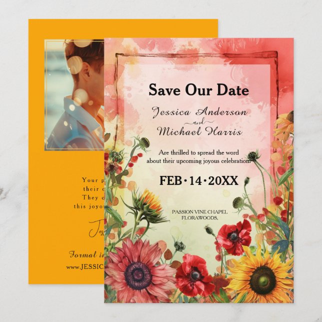 🌻 mit Foto Sunny Petals & Scarlet Blocks Save The Date (Vorne/Hinten)