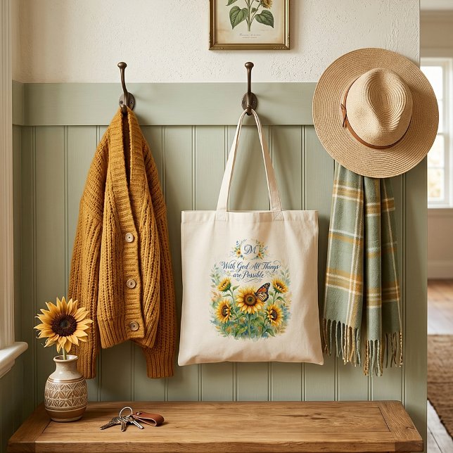 Mit Gott, Sonnenblumen Monogramm Tragetasche (Von Creator hochgeladen)
