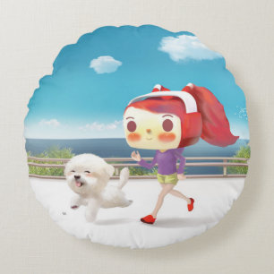 Mit Hund am Meer laufen Rundes Kissen
