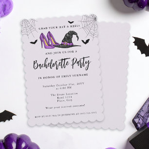 mit Hut und Heelsen Lila Halloween Bachelorette Einladung