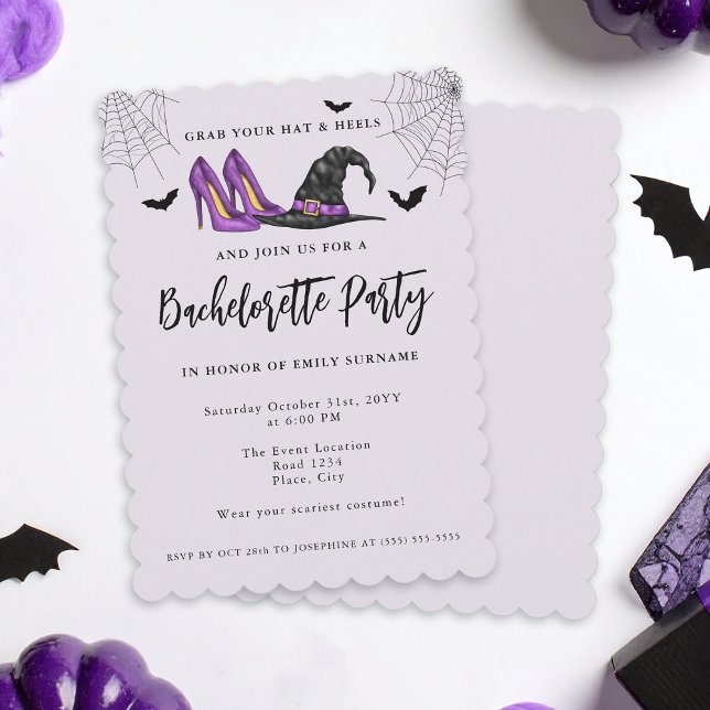 mit Hut und Heelsen Lila Halloween Bachelorette Einladung (Von Creator hochgeladen)