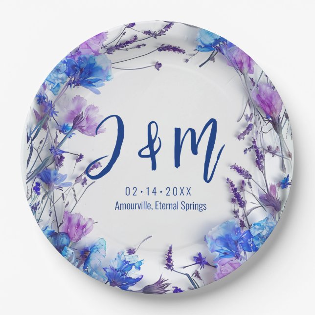 💍 mit Initialen Cornblumen und Lavendel Pappteller (Vorderseite)