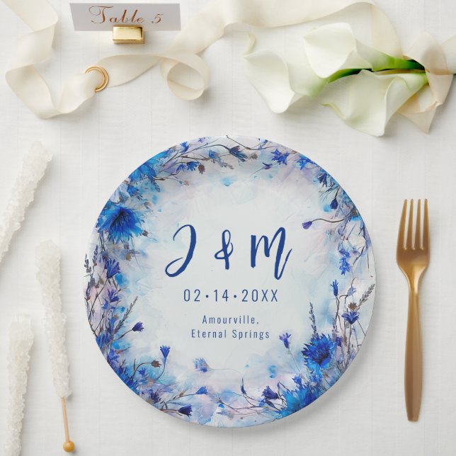 💍 Mit Initialen Cornblumen und Lavender Elegance Pappteller (Hochzeit)