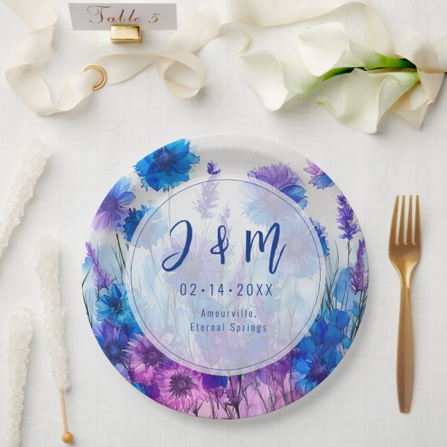 💍 Mit Initialen Cornblumen und Lavender Elegance Pappteller (Hochzeit)