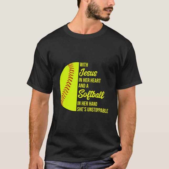 Mit Jesus im Herzen ist sie unaufhaltsam Softball T-Shirt (Vorderseite)