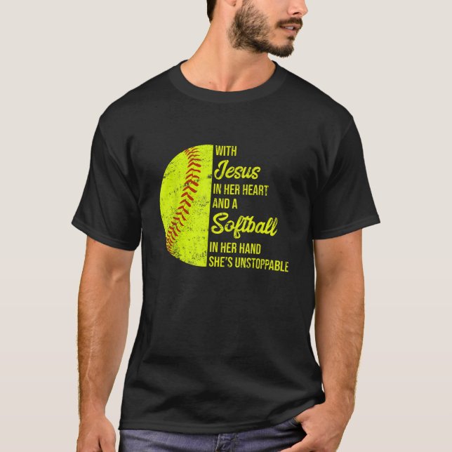 Mit Jesus im Herzen Softball T-Shirt (Vorderseite)