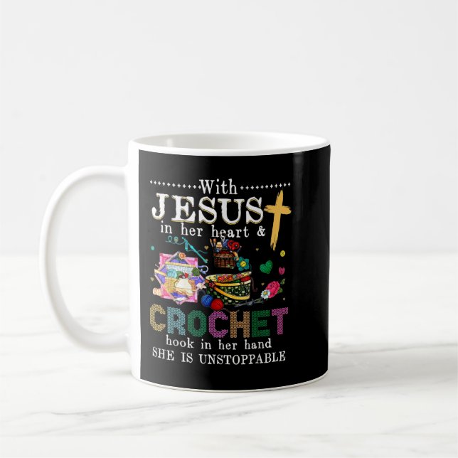 Mit Jesus in ihrem Herzen Kroketten in ihrer Hand  Kaffeetasse (Links)