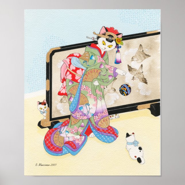 Mit Katzen spielen Ukiyos Print Moussart Poster (Vorne)
