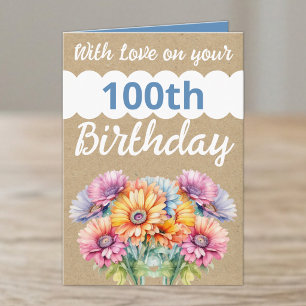 Mit Liebe 100. Geburtstag Gerbera Blumen blau Karte